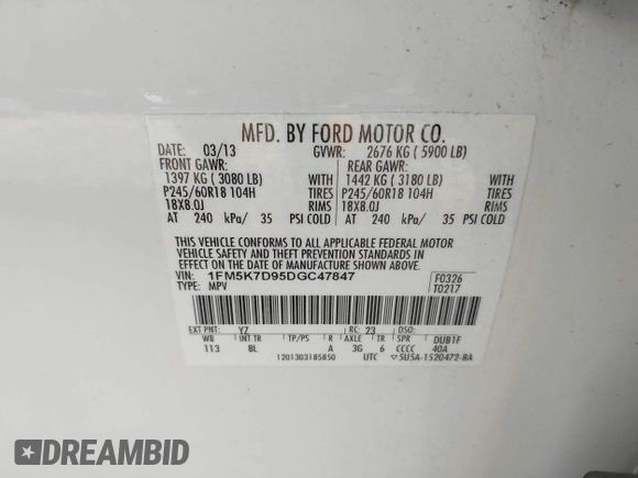 2013 Ford Explorer XLT z VIN 1FM5K7D95DGC47847, wystawiony jako IAAI lot #42546323 z przebiegiem 146 086 mil mil oraz . Historia ofert i sprzedaży dostępna na DreamBid. Obrazek 9.