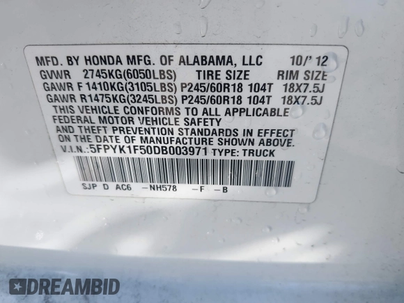 2013 Honda Ridgeline RTL with VIN 5FPYK1F50DB003971, listed as a IAAI auction lot 41946344 with 240,051 mi miles. Bid and sale history available at carsss.com. Image 9.
