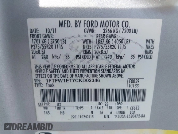 2012 Ford F-150 XL с VIN 1FTFW1ET7CKD02346, выставлен на аукционе IAAI как лот 42382413 с пробегом 131 254 миль миль и . История ставок и продаж доступна на DreamBid. Изображение 9.