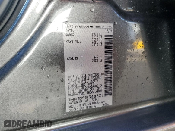 2025 Nissan Altima SV with VIN 1N4BL4DV3SN348321, listed as a Copart auction lot 54357735 with 5,546 mi miles and Clean Title. Bid and sale history available at DreamBid. Image 12.