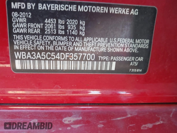 2013 BMW 3 Series 328i with VIN WBA3A5C54DF357700, listed as a IAAI auction lot 41341664 with 1 mi miles. Bid and sale history available at carsss.com. Image 9.
