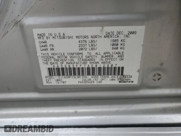 2010 Mitsubishi Galant ES with VIN 4A32B3FF7AE012907, listed as a Copart auction lot 52824205 with 0 mi miles and Salvage Title. Bid and sale history available at carsss.com. Image 12.