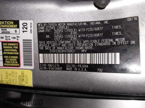 2017 Toyota Sienna XLE Auto Access Seat with VIN 5TDYZ3DC8HS769921, listed as a IAAI auction lot 41237055 with 152,509 mi miles and . Bid and sale history available at DreamBid. Image 9.