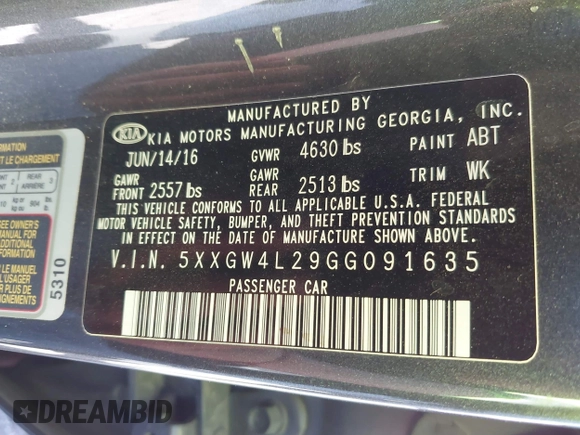 2016 Kia Optima SX Turbo with VIN 5XXGW4L29GG091635, listed as a IAAI auction lot 41884813 with 121,764 mi miles and . Bid and sale history available at carsss.com. Image 9.