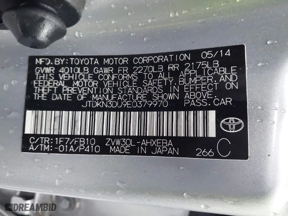 2014 Toyota Prius Four with VIN JTDKN3DU9E0379970, listed as a IAAI auction lot 41197638 with 154,293 mi miles. Bid and sale history available at carsss.com. Image 9.