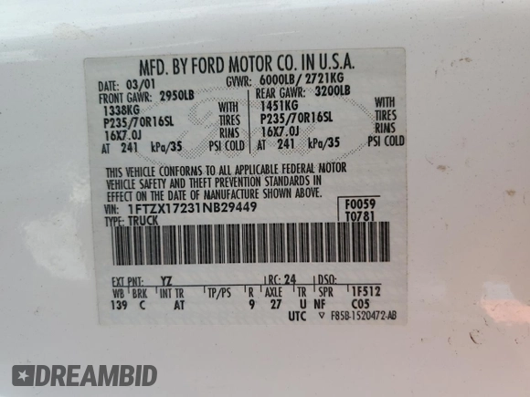 2001 Ford F-150 XL with VIN 1FTZX17231NB29449, listed as a Copart auction lot 55752175 with 188,419 mi miles and Clean title. Bid and sale history available at DreamBid. Image 12.