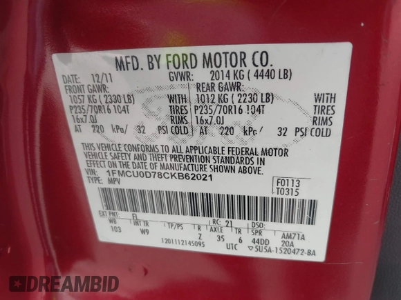 2012 Ford Escape XLT with VIN 1FMCU0D78CKB62021, listed as a IAAI auction lot 42684584 with 199,666 mi miles and . Bid and sale history available at DreamBid. Image 9.