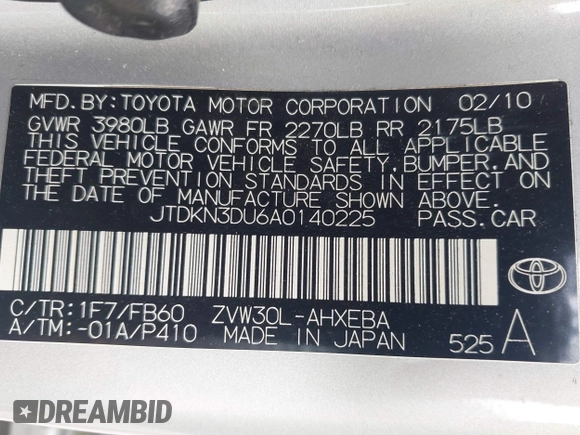 2010 Toyota Prius II with VIN JTDKN3DU6A0140225, listed as a IAAI auction lot 42148188 with 142,418 mi miles. Bid and sale history available at carsss.com. Image 9.
