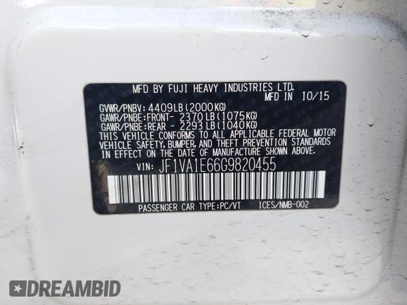 2016 Subaru WRX Premium with VIN JF1VA1E66G9820455, listed as a IAAI auction lot 42517383 with 93,600 mi miles and . Bid and sale history available at DreamBid. Image 9.