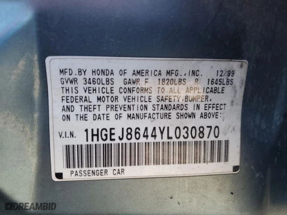 2000 Honda Civic EX with VIN 1HGEJ8644YL030870, listed as a Copart auction lot 83877424 with 155,495 mi miles and Salvage Title. Bid and sale history available at carsss.com. Image 15.