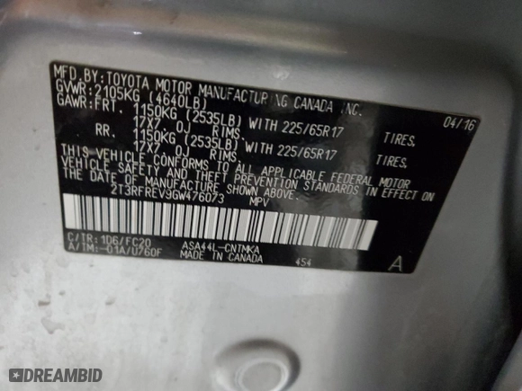 2016 Toyota RAV4 XLE with VIN 2T3RFREV9GW476073, listed as a Copart auction lot 44636795 with 47,668 mi miles and Salvage Title. Bid and sale history available at carsss.com. Image 15.