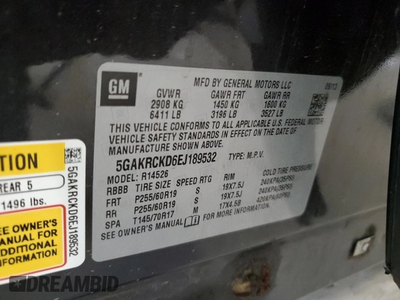 2014 Buick Enclave Premium with VIN 5GAKRCKD6EJ189532, listed as a Copart auction lot 47362115 with 134,898 mi miles and Salvage Title. Bid and sale history available at carsss.com. Image 13.