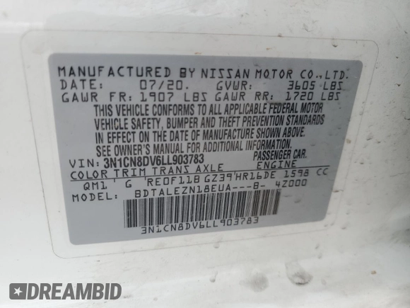 2020 Nissan Versa S with VIN 3N1CN8DV6LL903783, listed as a Copart auction lot 51826585 with 67,030 mi miles and Clean title. Bid and sale history available at DreamBid. Image 14.