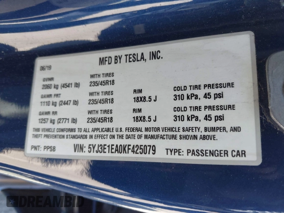 2019 Tesla Model 3 Mid Range with VIN 5YJ3E1EA0KF425079, listed as a IAAI auction lot 41871022 with 61,684 mi miles and . Bid and sale history available at DreamBid. Image 9.