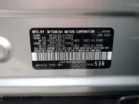2022 Mitsubishi Eclipse Cross SE z VIN JA4ATWAA1NZ066303, wystawiony jako Copart lot #46304885 z przebiegiem 57 017 mil mil oraz Czysty tytuł • Clean title. Historia ofert i sprzedaży dostępna na DreamBid. Obrazek 13.