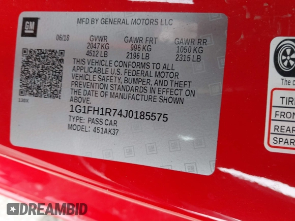 2018 Chevrolet Camaro 2SS with VIN 1G1FH1R74J0185575, listed as a IAAI auction lot 41581138 with 59,817 mi miles and . Bid and sale history available at DreamBid. Image 9.