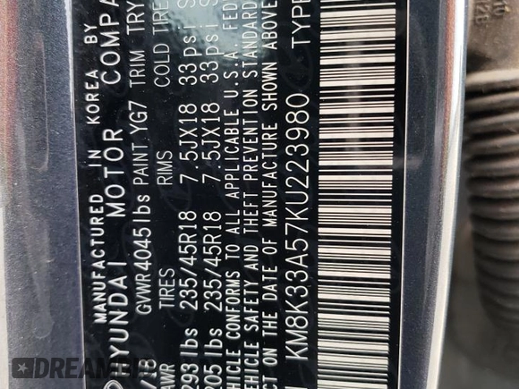 2019 Hyundai Kona Limited with VIN KM8K33A57KU223980, listed as a Copart auction lot 46516253 with 36,600 mi miles and . Bid and sale history available at DreamBid. Image 14.
