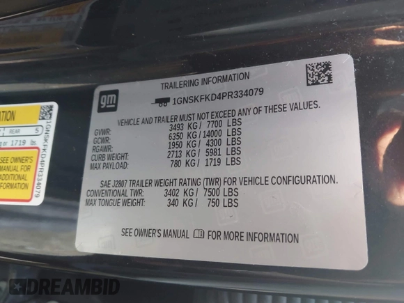 2023 Chevrolet Suburban Premier z VIN 1GNSKFKD4PR334079, wystawiony jako IAAI lot #41657744 z przebiegiem 61 409 mil mil oraz . Historia ofert i sprzedaży dostępna na DreamBid. Obrazek 9.