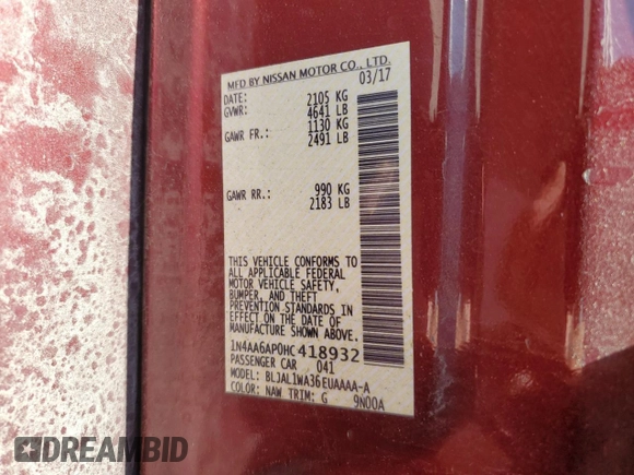2017 Nissan Maxima S with VIN 1N4AA6AP0HC418932, listed as a Copart auction lot 58352765 with 80,944 mi miles and Salvage title. Bid and sale history available at DreamBid. Image 13.
