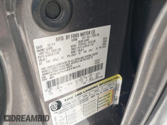 2014 Ford Expedition Limited with VIN 1FMJU1K50EEF46133, listed as a IAAI auction lot 42549343 with 268,090 mi miles and . Bid and sale history available at DreamBid. Image 9.