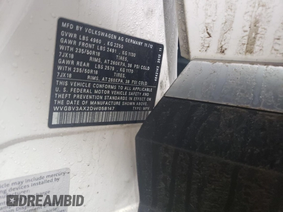 2013 Volkswagen Tiguan SEL with VIN WVGBV3AX2DW058147, listed as a Copart auction lot 47110285 with 156,145 mi miles and Salvage Title. Bid and sale history available at DreamBid. Image 13.