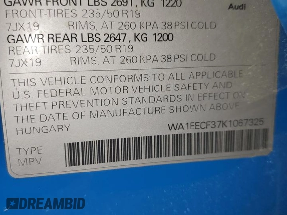 2019 Audi Q3 S line Premium Plus with VIN WA1EECF37K1067325, listed as a Copart auction lot 41913895 with 44,397 mi miles and Salvage Title. Bid and sale history available at carsss.com. Image 16.