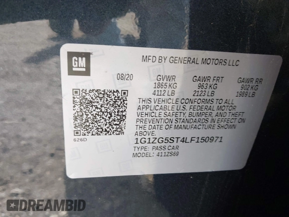 2020 Chevrolet Malibu RS with VIN 1G1ZG5ST4LF150971, listed as a IAAI auction lot 41987147 with 100,935 mi miles and . Bid and sale history available at DreamBid. Image 9.