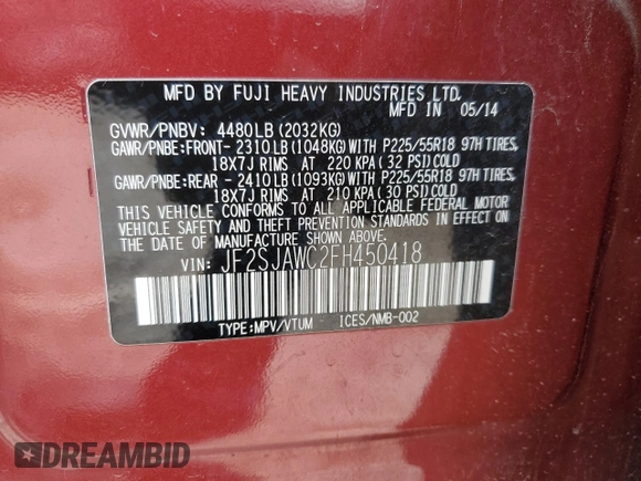 2015 Subaru Forester Touring with VIN JF2SJAWC2FH450418, listed as a Copart auction lot 55925755 with Not provided miles and Salvage title. Bid and sale history available at DreamBid. Image 14.