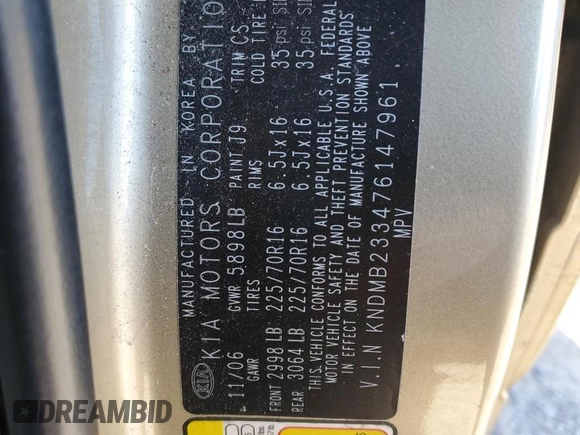 2007 Kia Sedona LX with VIN KNDMB233476147961, listed as a Copart auction lot 48478215 with 234,710 mi miles and Salvage Title. Bid and sale history available at carsss.com. Image 13.