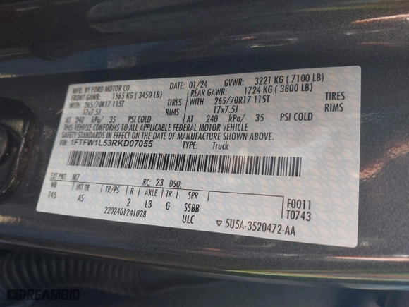 2024 Ford F-150 XL with VIN 1FTFW1L53RKD07055, listed as a IAAI auction lot 41238235 with 10,949 mi miles. Bid and sale history available at carsss.com. Image 9.