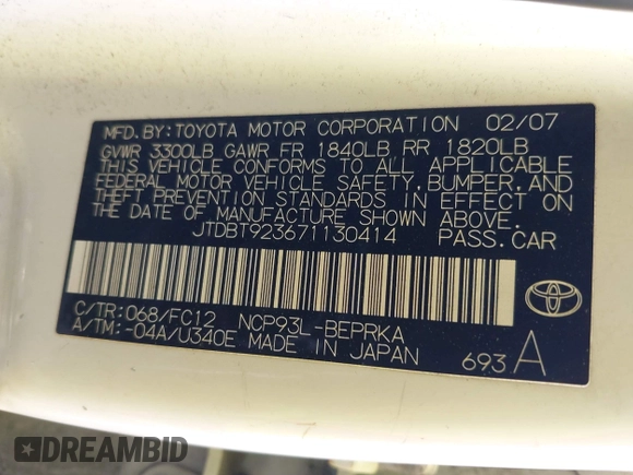 2007 Toyota Yaris with VIN JTDBT923671130414, listed as a IAAI auction lot 42141373 with 231,904 mi miles and . Bid and sale history available at DreamBid. Image 9.