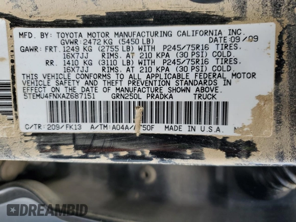 2010 Toyota Tacoma with VIN 5TEMU4FNXAZ687151, listed as a Copart auction lot 52952025 with Not provided miles and Salvage title. Bid and sale history available at DreamBid. Image 12.