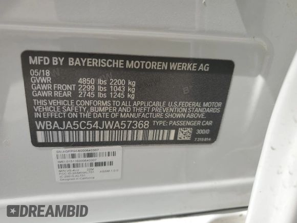 2018 BMW 5 Series 530i z VIN WBAJA5C54JWA57368, wystawiony jako Copart lot #49700045 z przebiegiem Nie podano mil oraz Szkody całkowita. Historia ofert i sprzedaży dostępna na DreamBid. Obrazek 13.