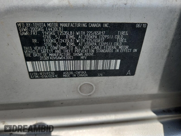 2010 Toyota RAV4 с VIN 2T3ZF4DV6AW043063, выставлен на аукционе Copart как лот 61656535 с пробегом 162 784 миль миль и Чистый • Clean title. История ставок и продаж доступна на DreamBid. Изображение 13.