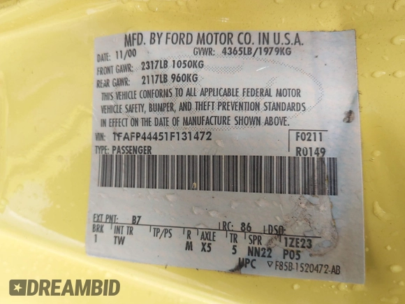 2001 Ford Mustang Deluxe с VIN 1FAFP44451F131472, выставлен на аукционе IAAI как лот 42119006 с пробегом 63 388 миль миль и . История ставок и продаж доступна на DreamBid. Изображение 9.