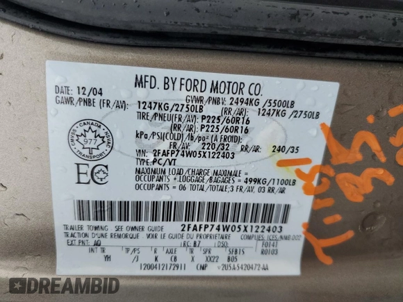 2005 Ford Crown Victoria LX z VIN 2FAFP74W05X122403, wystawiony jako Copart lot #45305825 z przebiegiem 202 381 mil mil oraz Szkoda całkowita • Salvage title. Historia ofert i sprzedaży dostępna na DreamBid. Obrazek 12.