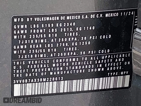 2024 Volkswagen Tiguan Wolfsburg Edition z VIN 3VV6B7AX3RM228613, wystawiony jako IAAI lot #41904996 z przebiegiem 3 129 mil mil oraz . Historia ofert i sprzedaży dostępna na DreamBid. Obrazek 9.
