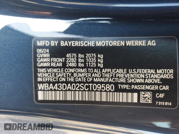 2025 BMW 4 Series 430i with VIN WBA43DA02SCT09580, listed as a Copart auction lot 61768505 with 3,051 mi miles and Salvage title. Bid and sale history available at DreamBid. Image 12.