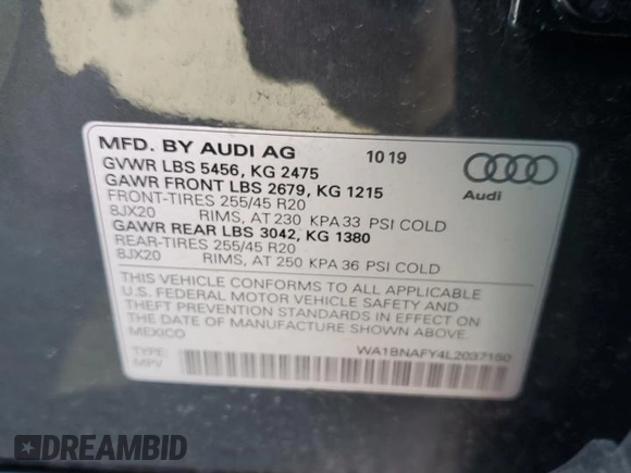 2020 Audi Q5 Premium Plus with VIN WA1BNAFY4L2037150, listed as a Copart auction lot 40912523 with 19,414 mi miles. Bid and sale history available at carsss.com. Image 12.