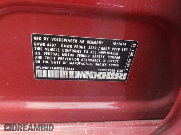 2015 Volkswagen CC R-Line с VIN WVWBP7AN0FE812644, выставлен на аукционе Copart как лот 53943804 с пробегом Не указан миль и Списание • Salvage title. История ставок и продаж доступна на DreamBid. Изображение 12.