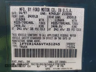 1997 Ford Ranger XL with VIN 1FTCR14A6VTA51245, listed as a IAAI auction lot 41807907 with 239,124 mi miles. Bid and sale history available at carsss.com. Image 9.