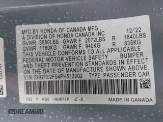 2023 Honda Civic Sport with VIN 2HGFE2F54PH512202, listed as a IAAI auction lot 42331949 with 44,568 mi miles and . Bid and sale history available at DreamBid. Image 9.