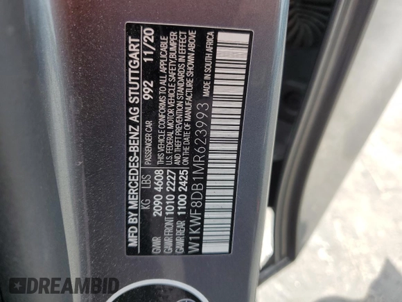 2021 Mercedes-Benz C 300 with VIN W1KWF8DB1MR623993, listed as a Copart auction lot 56164565 with 43,011 mi miles and Salvage title. Bid and sale history available at DreamBid. Image 12.