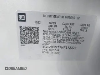 2022 Chevrolet Malibu LT with VIN 1G1ZD5ST7NF172376, listed as a IAAI auction lot 42026091 with 59,512 mi miles and . Bid and sale history available at DreamBid. Image 9.