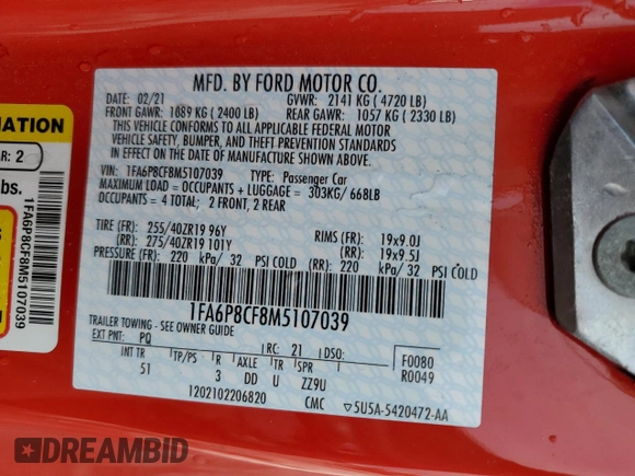 2021 Ford Mustang GT z VIN 1FA6P8CF8M5107039, wystawiony jako Copart lot #56336905 z przebiegiem 84 752 mil mil oraz Szkoda całkowita • Salvage title. Historia ofert i sprzedaży dostępna na DreamBid. Obrazek 13.