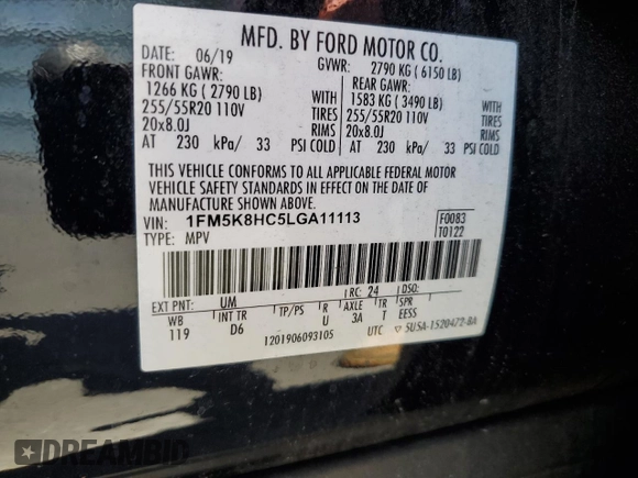 2020 Ford Explorer Platinum z VIN 1FM5K8HC5LGA11113, wystawiony jako Copart lot #57035265 z przebiegiem 52 232 mil mil oraz Szkoda całkowita • Salvage title. Historia ofert i sprzedaży dostępna na DreamBid. Obrazek 13.