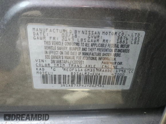 2018 Nissan Sentra S with VIN 3N1AB7AP4JY282981, listed as a Copart auction lot 52480955 with 57,217 mi miles and Salvage Title. Bid and sale history available at DreamBid. Image 12.
