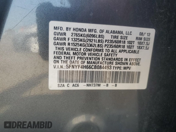 2012 Honda Pilot EX-L with VIN 5FNYF4H66CB084493, listed as a Copart auction lot 59683655 with 112,477 mi miles and Salvage title. Bid and sale history available at DreamBid. Image 13.