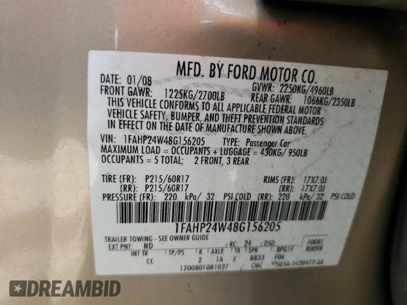 2008 Ford Taurus SEL with VIN 1FAHP24W48G156205, listed as a Copart auction lot 54774345 with 108,352 mi miles and Salvage Title. Bid and sale history available at carsss.com. Image 12.