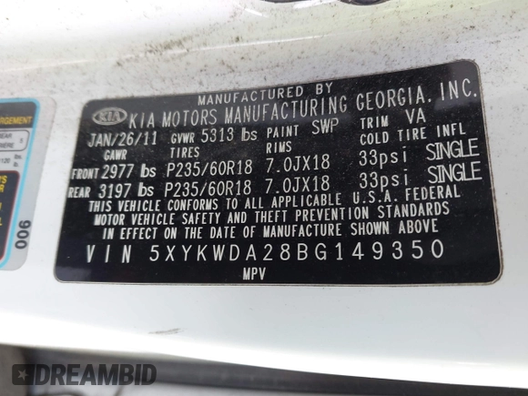 2011 Kia Sorento SX with VIN 5XYKWDA28BG149350, listed as a IAAI auction lot 41738960 with 190,218 mi miles. Bid and sale history available at carsss.com. Image 9.